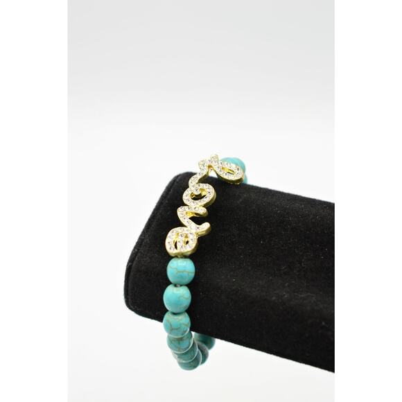 Stretchy Bracelet Faux Turquoise Beaded Rhinestone LOVE Cursive Valentine BinO - Picture 3 of 11